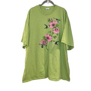 Vintage Hummingbird Flower Floral Green Shirt Plus 3X Graphic 90s Tee Crew